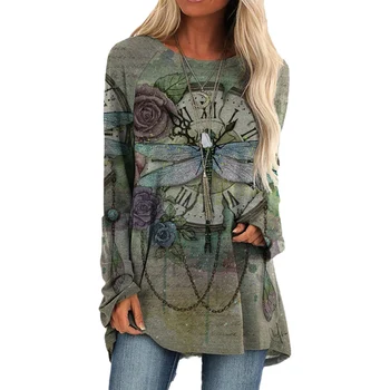Rudenį Moterų Atsitiktinis Viršūnes Abstrakčiai Dragonfly Kraštovaizdžio Print T-shirt Elegantiškas Tee O Kaklo Visą Rankovėmis Palaidi Ilgi marškinėliai 14 Spalvų