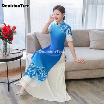 2021 folk stiliaus vietnamas rūbeliai šifono aodai subtili suknelė stovėti apykaklės, elegantiškas tradicinių drabužių gėlių aodai