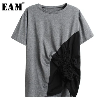 [EAM] Moterys, Pilkos spalvos Klostuotas Asimetriškai Padalinta Temperamentas T-shirt Naujas Apvalios Kaklo trumpomis Rankovėmis Mados Pavasario Vasaros 2021 1S585