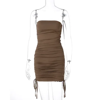 Articat Stebėjimo Ruched Mini Suknelė Moterims 2021 Naujas Mados Rankovių Bodycon Naktinis Klubas Suknelės Kietas Raišteliu Vestidos