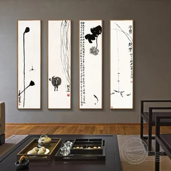 Kinų stiliaus drobės tapybos tušu meno mišinys, dekoratyvinis dažymas Kinų dailininko Qi Baishi didelio masto vertikalus dailės freskos