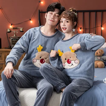 Pora pižama mėgėjams korėjos Rudens Žiemos Moterys Tirštėti Koralų, Vilnos Pižamos Nustatyti Vyrų Animacinių filmų Namų Plius Dydis Pijama Mujer