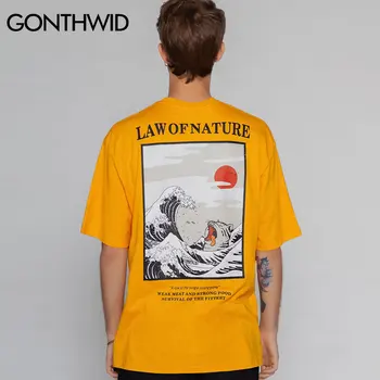 GONTHWID Vyrų Japonų Siuvinėjimo Ukiyo Katė Banga Spausdinami T Marškinėliai Streetwear 2020 Harajuku Hip-Hop Atsitiktinis Viršūnes Tees Vyrų Tshirts