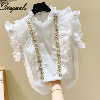 Dingaozlz trumpomis Rankovėmis Balti Marškiniai Saldus Lotus Lapų Moterų drabužių Pearl Raukiniai apykaklės Šifono palaidinė Viršūnes roupas feminina