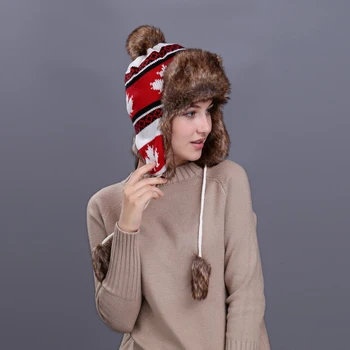 Raudona Rusijos Ushanka Skrybėlę Moterų Žiemą Šiltas Earflaps Kailio Bombonešis Skrybėlės, Kepurės, Moterims-Klevo Lapas Kalėdų Beanies Pompom