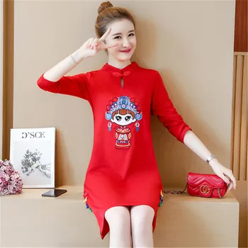 2019 Naujas Mados Kinijos Cheongsam Moterų Suknelė Juoda ir Raudona spalvos, ilgomis Rankovėmis Mielas Diagramos Moterų Siuvinėjimo Suknelė Qipao