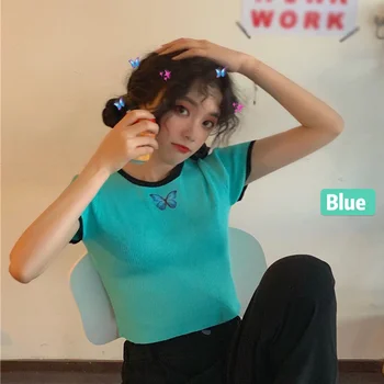 Korėjos Drugelis Siuvinėjimo Marškinėlius Vasaros trumpomis Rankovėmis Paprasti marškinėliai Moterims Harajuku Kawaii Slim Trumpas Marškinėlius
