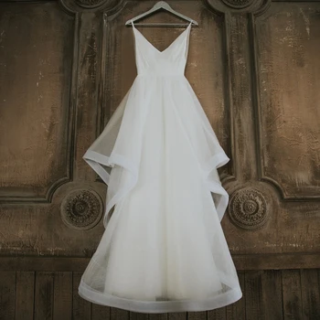 Paprastas V-kaklo Backless Vestuvių Suknelė Boho Nuotakos Suknelė Vestido de Novia Minkštas Tiulis A-line Bridal Gown Individualų