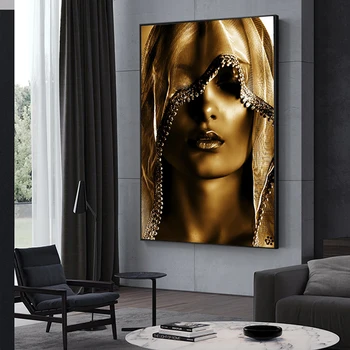 Moteris Pagal Turbaną Aukso Tapybos Drobės Aukso Plakatai ir Spausdina Prabangos Stiliaus Sienos Menas Nuotraukas Kambarį Apdaila