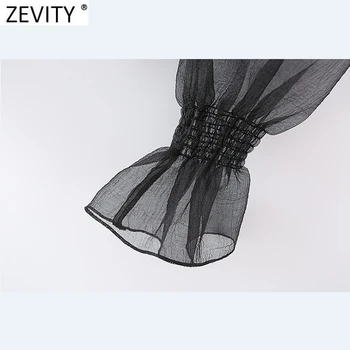 Zevity 2021 m. Pavasarį Moterys Saldus Organza Rankovės Kratinys Juoda Mezgimo Palaidinė Femme Raukiniai, Nėriniai Marškiniai, Elegantiškos Puloveris Viršūnes LS7560