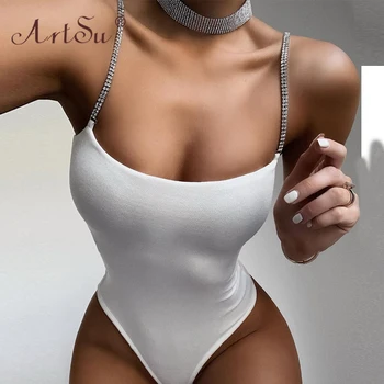 ArtSu Diamond Duobute Dirželiai Mados Seksualus Bodysuits Moterų Kūno Viršūnes Klubas Šalies Backless Bodysuit Romper Kalytė Juoda Balta 2020 M.