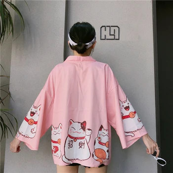 Moterų Streetwear Camisas Mujer Jungiamąją Animacinių Filmų Gyvūnų Blusas Femininas Prarasti Kimono Moterų Marškiniai Japonija Stiliaus Palaidinė