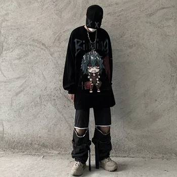 WHOHOLL Vyras marškinėliai Harajuku Punk Tamsiai Gotikos Palaidinukė Animacinių filmų Spausdinti Gatvės Hip-Hop Hoodies Prarasti ilgomis rankovėmis Negabaritinių