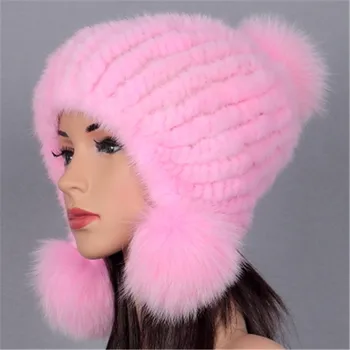 Audinės kailio audimo skrybėlę mink plaukų lady fox kamuolys žiemos žiemą šiltas helmet hat storio naujos