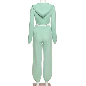 Rudenį 2020 m. sumažinti zip hoodie+sweatpants prakaito kostiumai 2 vnt rinkinys moterims Žalia sweatsuit komplektai moterų atitikimo rinkiniai