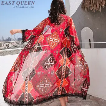 Raudona paplūdimio kimono megztinis saulės boho chic moteriška palaidinė meksikos spausdinti moterų viršūnių vasaros 2019 ilgai marškinėliai moteriška AA4820