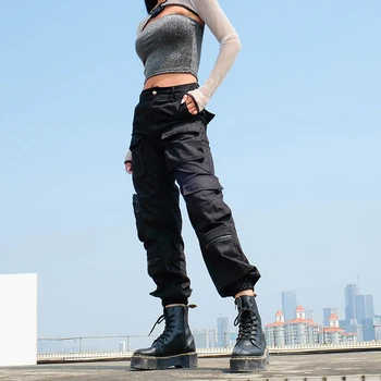 Jocecat Juoda Krovinių Kelnės Moterims Mados 2020 Kišenės Kratinys Hipių Kelnės Netikrą Užtrauktukas Austi Aukšto Juosmens Kelnes Streetwear