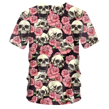 OGKB 3D White Skull Spausdinti Marškinėlius vyriški V-neck T Marškinėliai Vasaros Rožinės Gėlės Trumpas Rankovės Hip-Hop Harajuku Negabaritinių-t-shirt Vyrai
