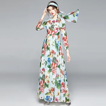 Moterų 2020 kilimo ir tūpimo Tako Naujas Mados Nėrinių Gėlių Spausdinti Ilgos šifono Rankovės Maxi Suknelė Elegantiškas atsitiktinis slim Atostogų Ilga Suknelė