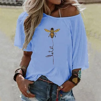 Moterų Plius Dydis Ponios Vienos Pečių Bičių Atspausdintas T-Shirt Viršuje Vasaros Prarasti Mielas Tee Marškinėliai 