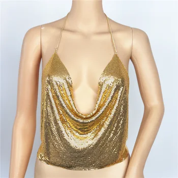 Elegantiškas Metalo Pasėlių Viršuje Vasaros Seksualus Klubas Backless Bralette Paplūdimio Apynasrio Aukso Blizgučiais Šalies Moterų Bako Viršuje Camisole Outwear