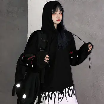 Moterų megztinis korėjos stiliaus Harajuku stiliaus tamsiai raidžių susiuvimo netikrą dvi moterys prarasti gobtuvu marškinėliai banga