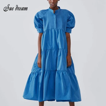 2020 Naujas Moterų Mados Atsitiktinis Mėlyna O-kaklo Mygtuką Sluoksniuotos Rankovėmis Puošmena Linija, Ilga Suknelė Atostogų Šalis Suknelė Vestidos