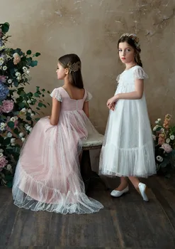 Gėlių mergaičių Suknelės Nėriniai 3D Gėlių Appliques Bžūp Rankovėmis Mergaitėms-line Chalatai Gimtadienio Vaikiška 2-11Y