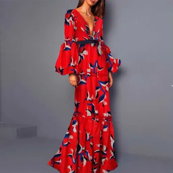 Plus Size 2019 Moterų Vasaros Derliaus Elegantiškas Vakarėlis Suknelės Sexy V Kaklo Atsitiktinis Ilgomis Rankovėmis Maxi Print Mados Suknelė