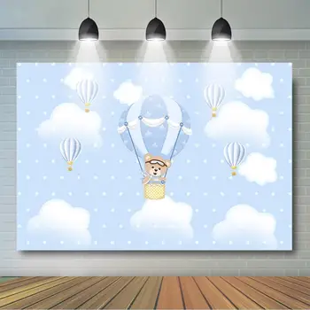 Aukštyn, Aukštyn ir Toli Nuotrauka Fone Naujagimiui Gimtadienio Fone Baby Shower Karšto Oro Baliono Lokys Debesų Fone
