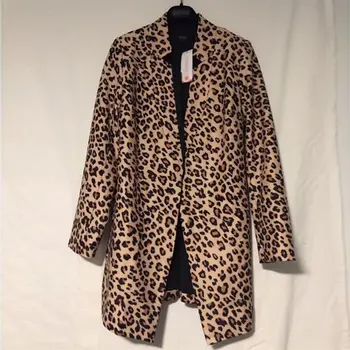 Nauja 2019 Mados Moterų Leopardas Spausdinti Seksualus Žiemą Šilta, Atvira Dygsnio Vėjo Megztinis Kailis Ilgas Kailis Kasdieniai Viršutiniai drabužiai S-2XL