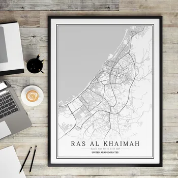 Jungtinių Arabų Emyratų Juoda ir Balta Miesto Žemėlapį Plakatas Abu Dabis, Dubajus Sharjah Sienos Menas Namų Dekoras Drobė, Tapyba Kūrybos dovana