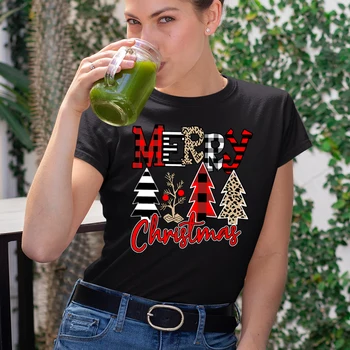 Linksmų Kalėdų Spalvingų Medžių Spausdinti marškinėliai Moterims 2020 Marškinėliai Moterims Atsitiktinis Estetinės Drabužius Įgulos Kaklo Ponios Viršų Moteriška