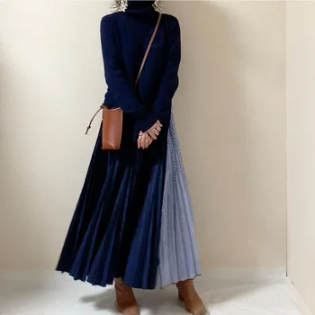 2020 Elegantiškas Puloveriai, Megzti Suknelę korėjos Japonija Stiliaus Moterų Trikotažas ilgomis Rankovėmis Kratinys Maxi Suknelė Femme Vestiods Naujas