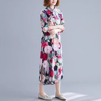 2020 metų vasaros rudens nacionalinės retro stiliaus spausdinti cheongsam one-piece suknelė prarasti didelis ilgas medvilnės ir lino trumpas rankovės