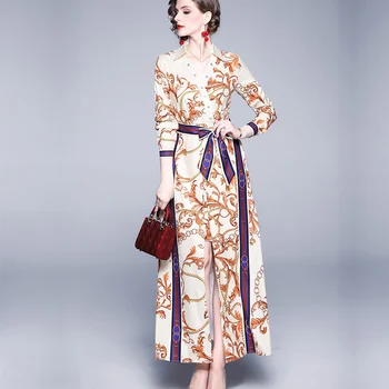 Mados Dizaineris Lanką juosmens Maxi Suknelė 2020 M. Rudenį Moterys ilgomis Rankovėmis Gėlių Spausdinti kilimo ir tūpimo Tako Elegantiškas Asimetriškas Suknelės Vestidos