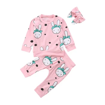 Rudenį Baby Girl Drabužių Rinkiniai ilgomis Rankovėmis Palaidinė marškinėliai Topai+Animacinių filmų Triušis Kelnės+Lankelis Laisvalaikio Kostiumas Set12