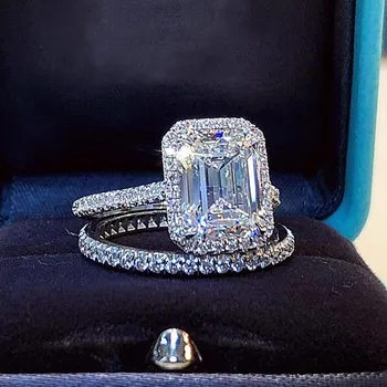 Smaragdas iškirpti 2c Lab Diamond Pažadas Žiedas Rinkiniai 925 sterlingas Sidabro Dalyvavimas Vestuvių Juostoje Žiedai, Moterų Nuotakos Šalis Papuošalai