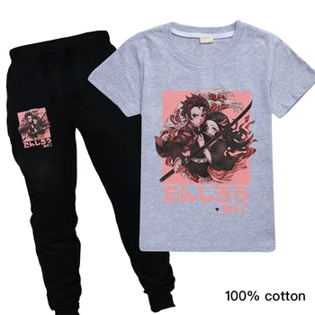 Vaikai Girl Anime Cartoon Kawaii merginos patenka boutique komplektus Demon Slayer Vaikų Drabužių Rinkiniai Helovinas trumpomis Rankovėmis T-shirt