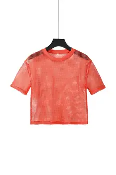 Moterų žvejybos tinklas T-shirt Akių Matyti Per Neon Pink Top Marškinėliai Vasaros Mados Ponios Sexy ilgomis Rankovėmis Trumpą Viršų Paplūdimio Cover Up Tee
