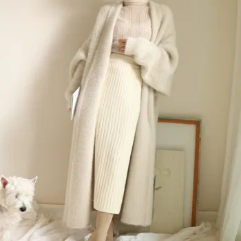 Aukštos kokybės megztinis netikrą mink kašmyro vilnos striukė negabaritinių Mados Ilgai Megztiniai Ruduo Šiltas Moterų Apsiaustai abrigo mujer