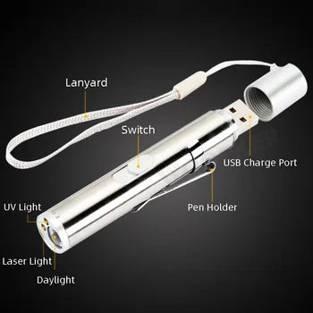 3 1. Raudona Lazerinė Rodyklė Žibintuvėlis LED Žibintuvėlis UV Lazer Pen USB Įkrovimo Katė, Šuo Chaser Žaislai