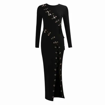 Seksualus Tuščiaviduriai Nėriniai-up Ilga Suknelė Moterų Juodos ilgomis Rankovėmis Bodycon Vakare Šalies kilimo ir tūpimo Tako Vestidos Suknelė Moterims 2020 Mados Nauja