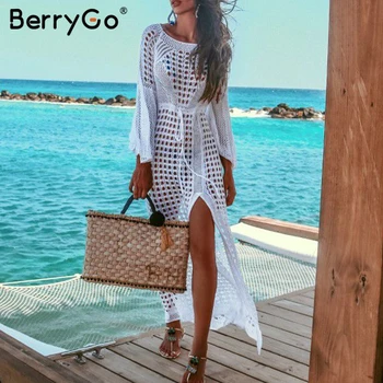 BerryGo paplūdimio Vasaros suknelė ilgomis rankovėmis megzti padalinta sundress Seksualus tuščiaviduriai iš mados Elegantiškas atostogų šalis, balta vestidos 2019