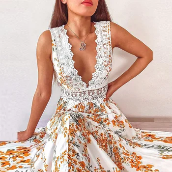 Moterų 2020 m. Vasarą Siuvinėjimas V-kaklo, Nėriniai Kratinys Boho Suknelė Elegantiškas Gėlių Spausdinti Tuščiaviduriai Iš Backless Maxi Šalis Suknelė Vestidos
