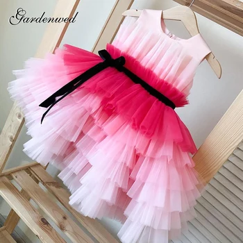 Reljefiniai Gradientas Pink Flower Girl Dress Tiulio Sluoksniai Varčias Mergina Inscenizacija Suknelės Vienaragis Kamuolys Suknelė Mergina Gimimo Diena Dress Naujųjų Metų